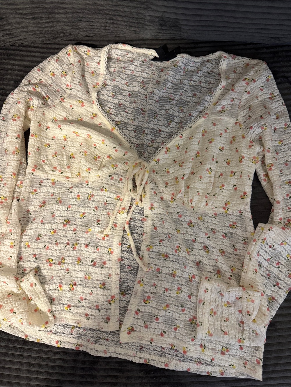Cream Lace Tie-Front Cardigan with Tiny Floral Print